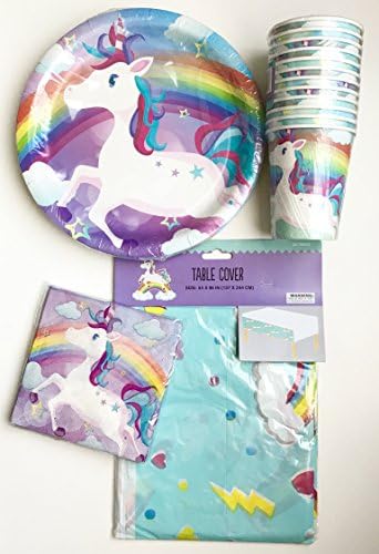 Unicorn rainbow kids party supplies pack 12 person tableware paper plates , napkins, cups, plastic 49pc table cover