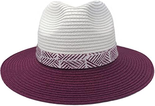 WOMEN'S TWO TONE SUMMER STRAW PANAMA HAT (WHITE BURGUNDY)