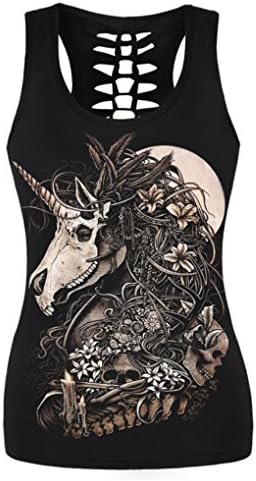 Pretty321 Women Girl Floral Skull Collection Cute Tight Vest Camis Tank Tops Black (Women:US XXS (Tight-fitting) Ignore Our Tag, Skull Unicorn Horse)