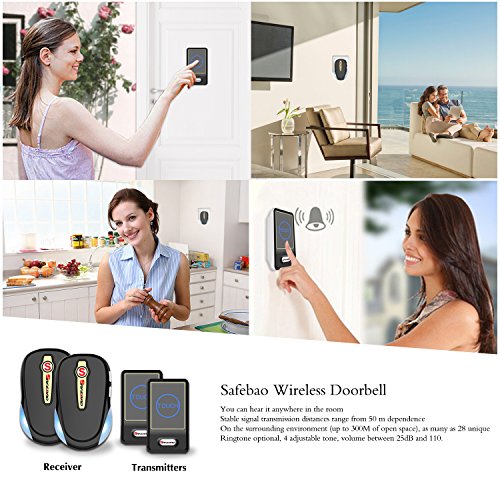 Wireless Doorbell Chime kit, Waterproof Touch Sensor Button LED Indicator 28 Melodies with 2 Remotes and 2 Door Chimes for Home Office (Black 2V2)