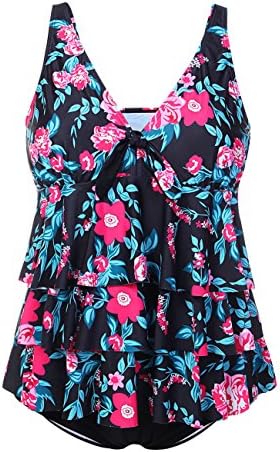 FLYCOOL Women's Sexy V Neck Floral Tankini Swimsuit Bathing Suits Tankini Set Ruffle Plus Size Swimwear (Red), 18W-20W/XXL