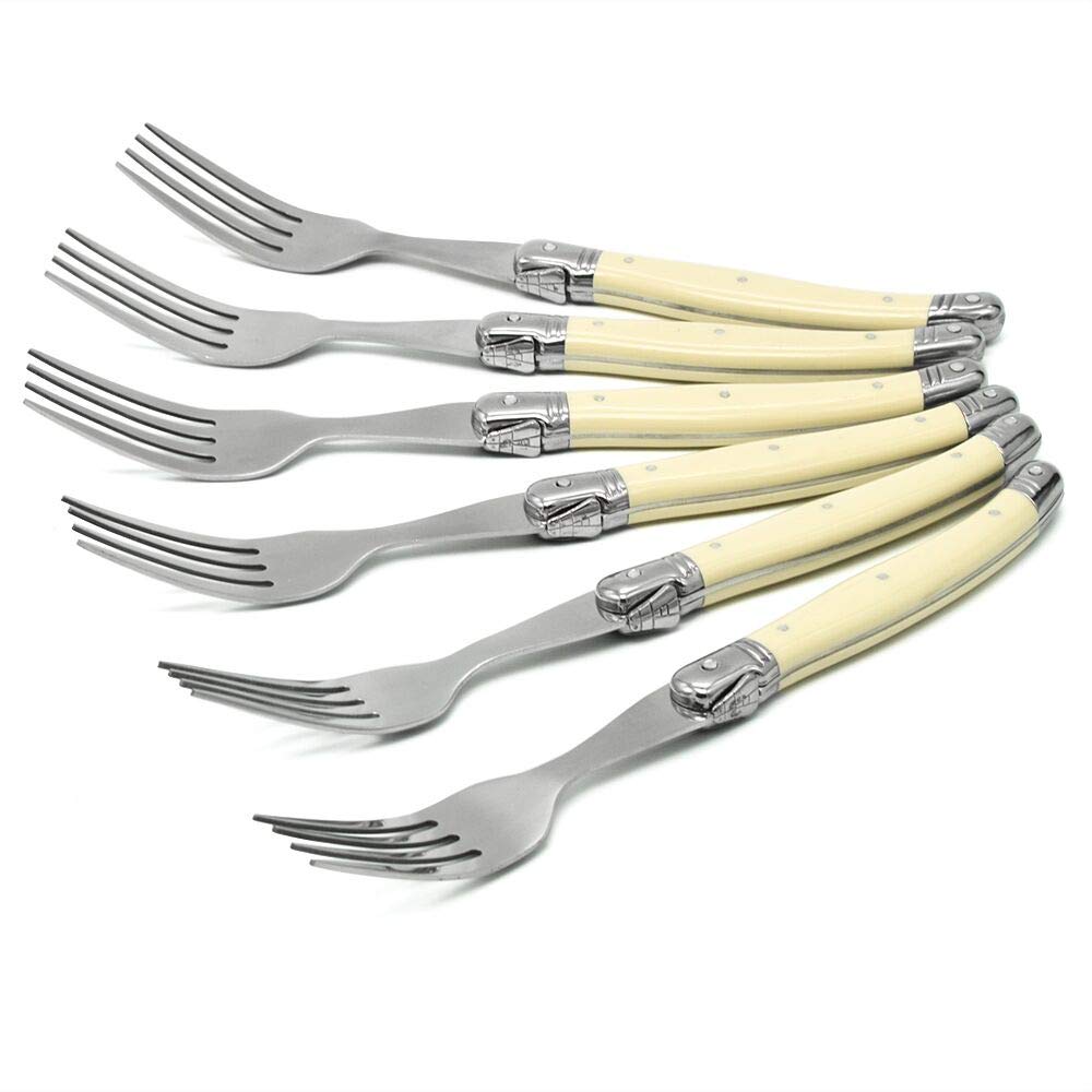 KeepingcooX Laguiole Style 6-Piece Forks Flatware Cutlery Set - Ivory White Handles Fork