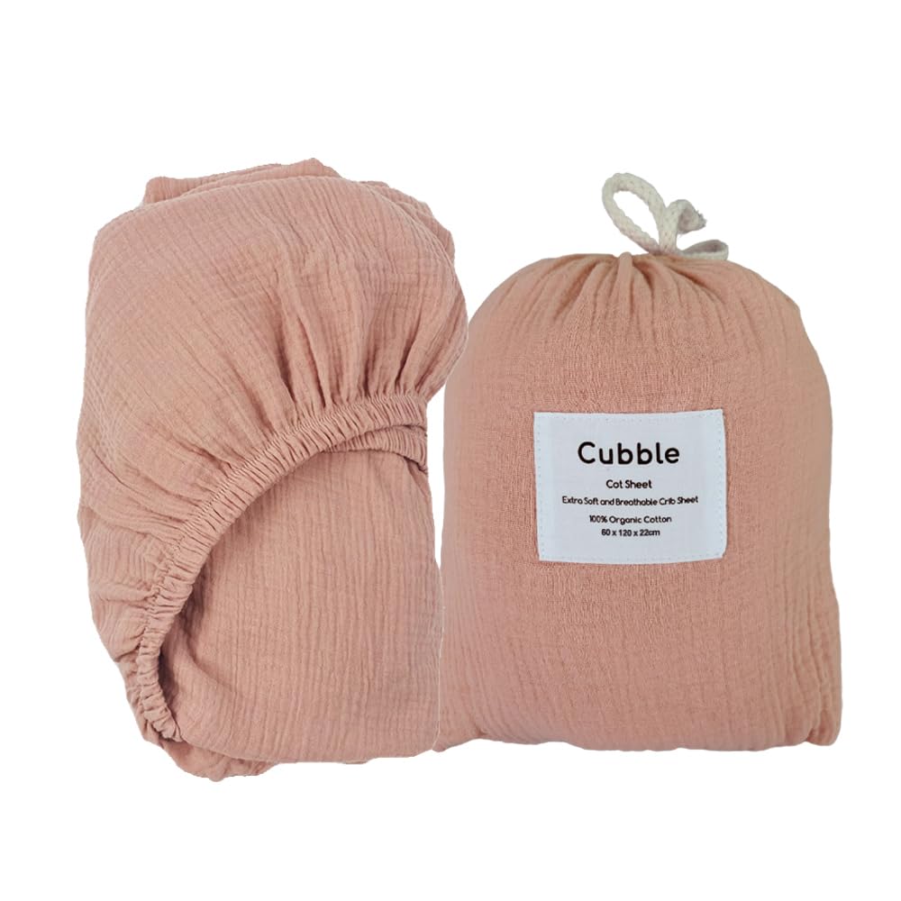 Cubble 100% Organic Cotton Fitted Cot Sheet with Storage Bag (Blush, 60 x 120 cm) | Fits Standard Cots | Perfect