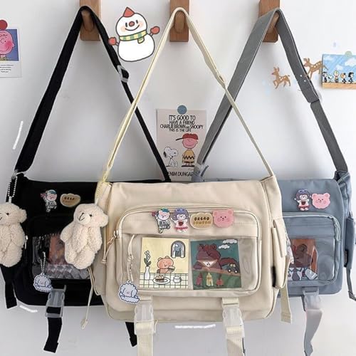 MILLEVIBE Kawaii Crossbody Ita Bag for Women with Pin & Plush Bear - Japanese Messenger Bags Y2K Shoulder Purse