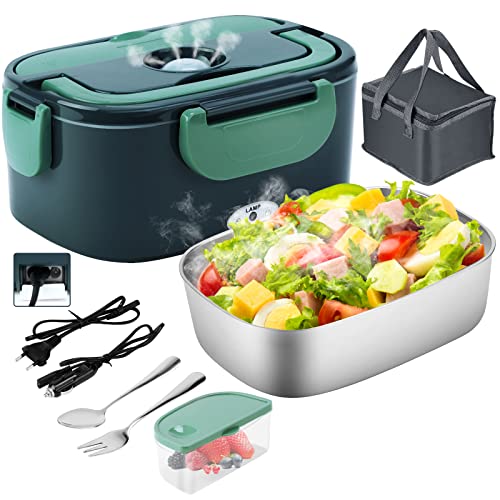 Gentre Portable Electric Lunch Box for Car Truck and Office 4 in 1 12 V/24 V/220 V ~ 240 V 1.5 L 60 W Stainless Steel Lunch Box, Compartments, Fork Spoon and Carry Bag