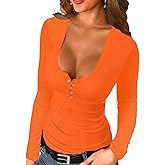 Afibi Women Long Sleeve Tops Scoop Neck Low Cut Slim Fitted Henley Shirt Ribbed Basic Tee Shirts Tops