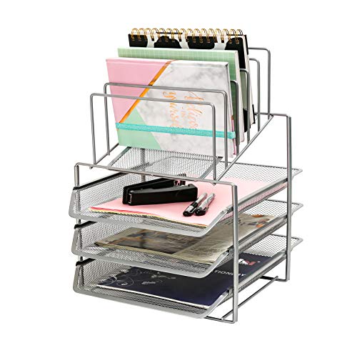 Exerz Desk Organizer Wire Mesh 3 Layer Sliding Letter Trays with 5 Upright Sections/Dividers/Paper Sorter/Desk Multifunctional File Holder Filing Shelves for Office, School Silver (EX2428-SLV)