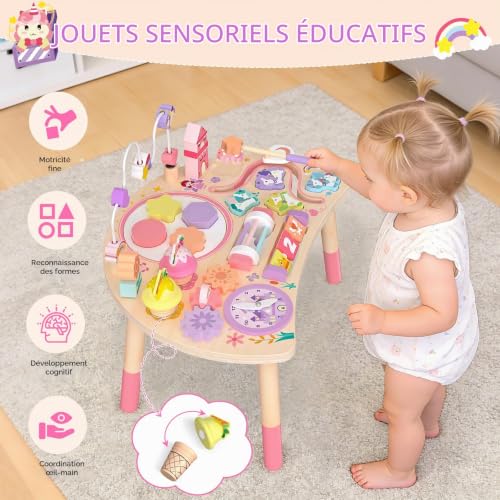 Fozcmisw Table d'Activité Montessori en Bois 10 en 1 Licorne dès 18 Mois | Manipuler, Trier, Tourner et écouter Aide la Motricité Fine Dans Les Jeux Quotidiens