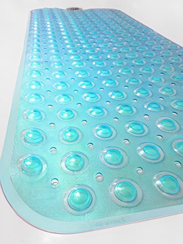 Tike Smart Extra-Long Non-Slip Bathtub Mat 39”x16” (for Smooth/Non-textured Tubs Only) Safe, Clean, Anti-bacterial, Machine-washable, Superior Grip&Drainage, Vinyl Bath Mat, Turquoise/Aqua/Blue-Green