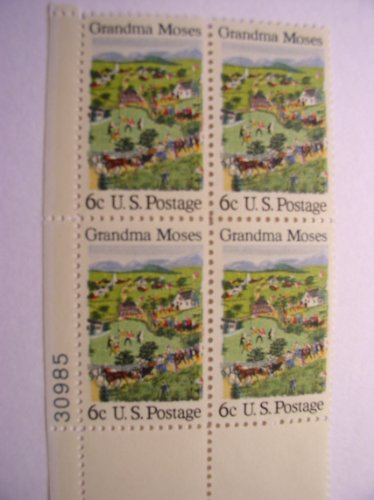 US Postage Stamps, 1969, Grandma Moses, American Folklore, S# 1370, Plate Block of 4 6 Cent Stamps