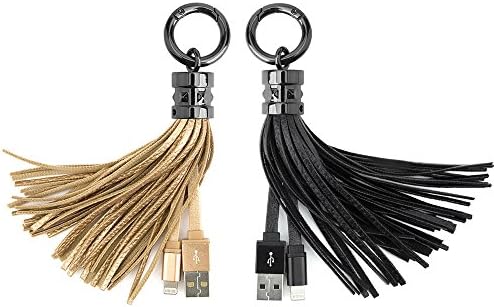 iPhone Charger, Leather Tassel Key Chain USB Lightning Cable Portable for Apple iPhone iPad iPod - Pack 2 (Black + Gold)