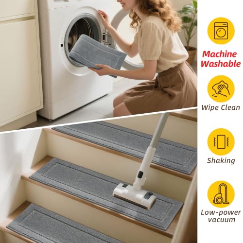 Non-Slip Stair Treads for Wooden Steps Indoor, 15 Pack 8" X 30" Edging Stair Rugs with TPE Backing,0.45" Thick Carpet Stair Treads for Kids Elders & Pets, 100% Polyester Soft Stair Runners, Light Grey | Non-Slip TPE Backing, Washable Stairs Carpet, Soft Polyester, Pet-Friendly for Wooden Steps