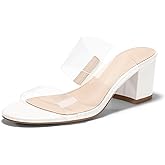 Coutgo Women's Clear Heeled Sandals Transparent Two Strap Chunky Block Heels Mules Open Toe Slip On Dress Shoes