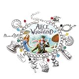 Alice in Wonderland 11 Themed Charms Silvertone Metal Charm Bracelet
