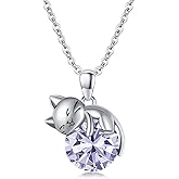 LONAGO Cat Necklace with Birthstone 925 Sterling Silver Cat Pendant Necklace Gift for Women