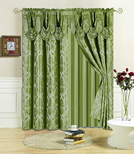 All American Collection New 4 Piece Drape Set 96" Length with Attached Valance and Sheer with 2 Tie Backs Included (96" Length, Sage)