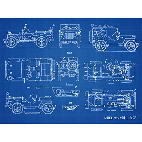 Artery8 Willys MB US Military Jeep Vehicle Blueprint Plan Art Print Canvas Premium Wall Decor Poster Mural