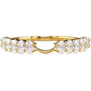 GEMS JEWEL EMPORIUM Oval Moissanite Notched Wedding Band, 14K Gold Half Eternity Stackable Ring, Matching Band for Engagement