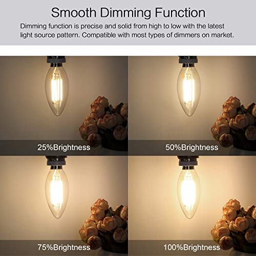 LED Candelabra Bulb, Boncoo Dimmable LED Chandelier Light Bulbs 6W 3000K Soft White Filament LED Candle Bulbs 60W Incandescent Equivalent B11 530 Lumen E12 Base Clear Glass Decorative Bulb 6 Packs - Thumbnail 3
