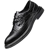 PUGHGAETZF Dress Shoes For Men Lace Up Crocodile Print Wing Tip Brogue Embossed Derby Shoes Block Heel Rubber Sole Anti-slip Party