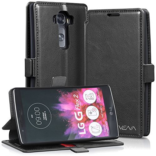 LG G Flex 2 Wallet Case - VENA [vFolio] Slim Vintage Genuine Leather Wallet Stand Case with Card Slots for LG G Flex 2 (Black / Red)
