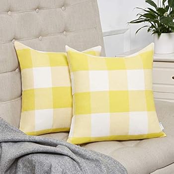 Anickal Set of 2 Yellow and White Buffalo Check Plaid Throw Pillow Covers Farmhouse Decorative Square Pillow Covers 18x18 Inches for Home Decor
