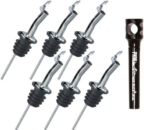 Flip Top Hinged Stainless Steel Free Flowing Liquor Bottle Speed Pourers with PNW Pocket Corkscrew, Set of 6