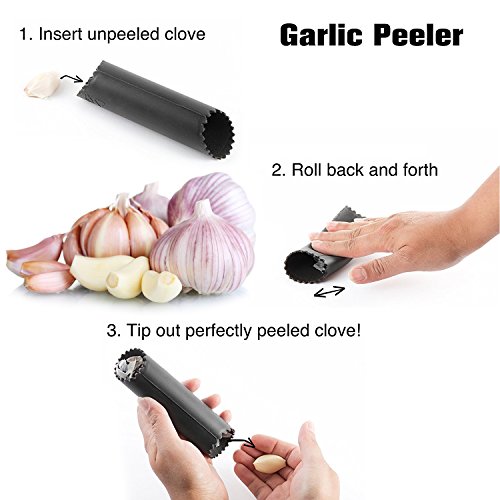 Garlic Press Lemon Lime Squeezer Kitchen Utensil Set 5-pack,Stainless Steel Mincer and Silicone Tube Roller Premium Metal Lemon Lime Press Juicer Cheese Grater Potato cutter