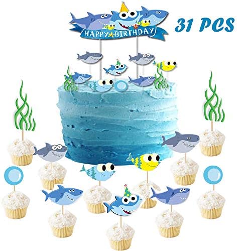 Suppar Blue Shark Birthday Cake Toppers and Cupcake Toppers,Boy Cupcake Toppers for Baby Shower shark 1st First Birthday 31 Sets