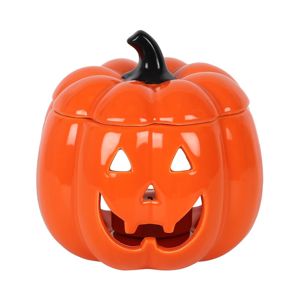 Spooky Orange Ceramic Jack-O-Lantern Oil Burner - 14cm x 11cm (1 Pack) - Creepy Design, Duable Material - Suitable for Fragrance Oils & Wax Melts - Ideal for Halloween