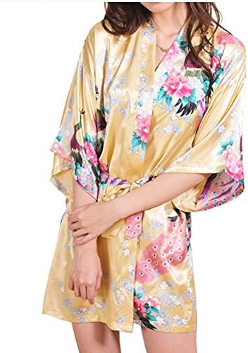 Women's Short Kimono Robe Peacock Blossoms Nightgown, Peacock Design-Yellow