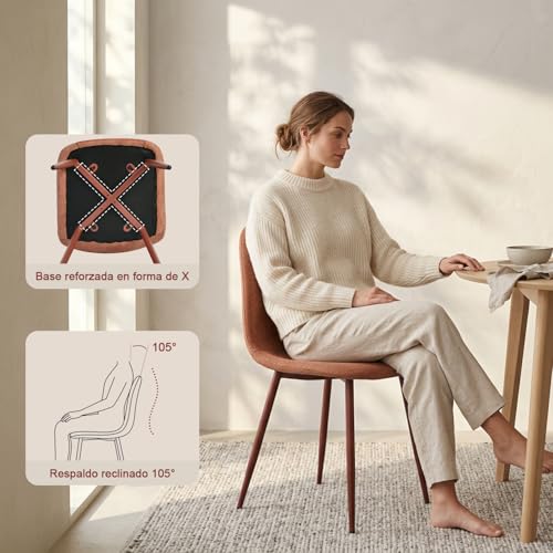 MEUBLE Cosy Set of 4 Scandinavian Dining Chairs Fabric Upholstered Kitchen Chair with Metal Legs, Load 120 kg Each, Red