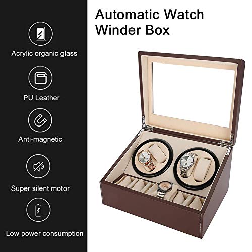 TMISHION Watch Winder Box, 4 Automatic Watches + 6 Grids Watch Storage Case Quiet Motor Multiple Rotation(Brown+US Plug)