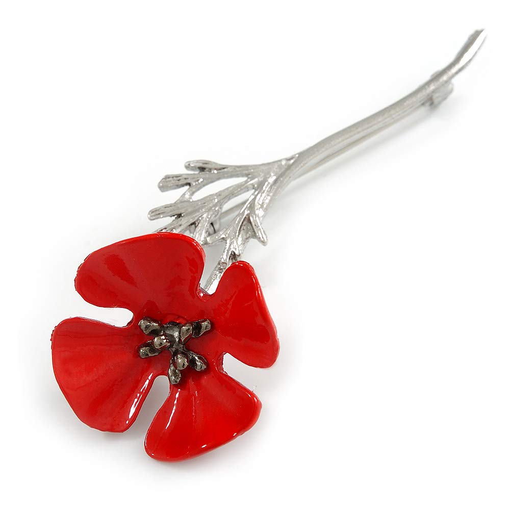 Bright Red Enamel Poppy Brooch In Silver Tone Metal - 75mm Long