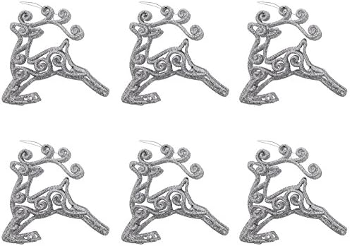 Elegant Christmas Holiday Shimmering Shiny Glitter Reindeer Ornaments, Silver, Pack of 6, Medium, 4.5" x 4" x 1"