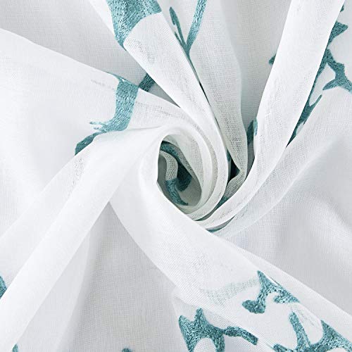 Top Finel White Sheer Curtains 84 Inches Long Teal Embroidered (54"x84
