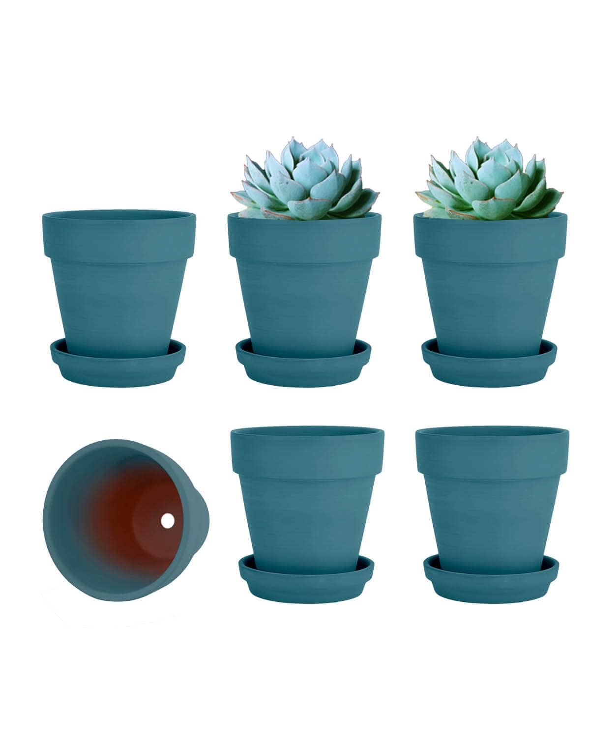 vensovo 10.16cm Steel Blue Clay Pot for Plant with Saucer - 6 Pack Small Terra Cotta Plant Pot with Drainage Hole, Flower Pot with Tray, Terracotta Pot for Indoor Outdoor Plant — image 1