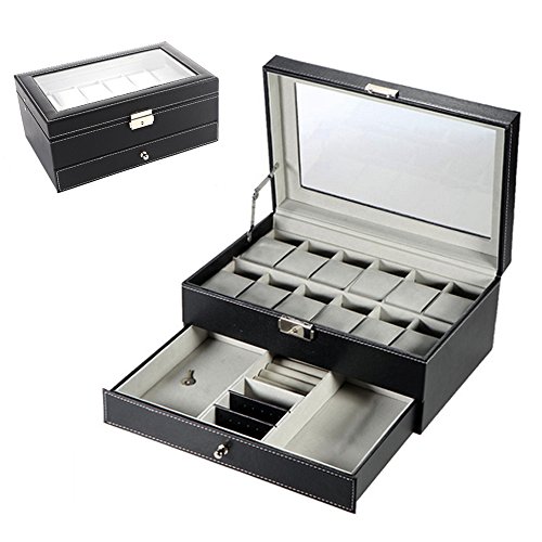 UPC 600292650183, Double-layer PU Leather Watch Jewelry Display Box, 12 Grid with Watch Pillows, Lockable Jewelry Storage Box (Black)