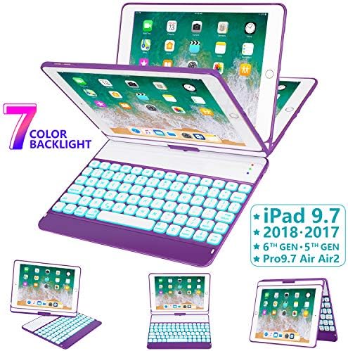 iPad Keyboard Case 9.7 for iPad 2018 (6th Gen) - 2017 (5th Gen) - iPad Pro 9.7 - iPad Air 2 & 1, 7 Color Backlit Keyboard Case/360 Rotate Wireless/BT Keyboard Case with Auto Sleep/Wake - Purple
