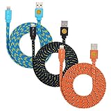3 Pack of 6ft (2-meter) High Quality Flat Braided Lightning Cables Sync and Charge Cord for iPhone 6S, 6S Plus, iPhone SE (Blue Orange Black)