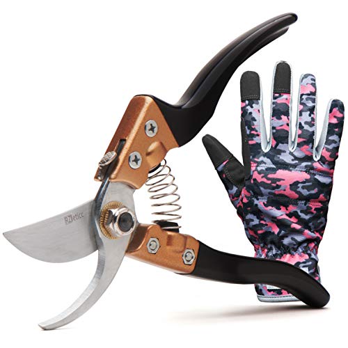 RZleticc Garden Pruning Shears with Premium Garden Gloves – Bypass Pruning Shears Hand Pruners, Garden Clippers Heavy Duty with Rust Proof Blades