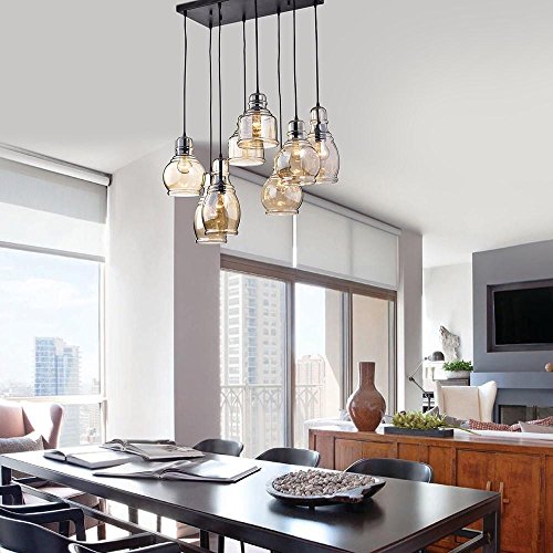 USUT 8-Light Cognac Glass Cluster Pendant in Antique Black Finish