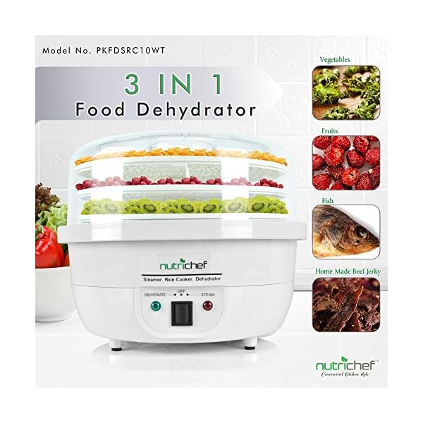 NutriChef-3-in-1-Food-Dehydrator-Steamer-Cooker-Electric-Kitchen-Dehydrator-Jerky-Maker-Dried-Fruits-Steam-Rice-White-color-PKFDSRC10WT