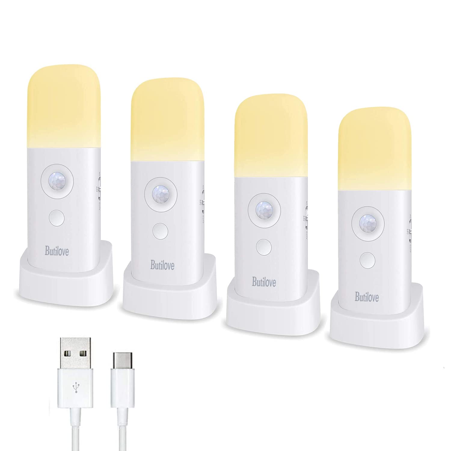 Butilove Motion Sensor Night Light, Pack of 4, Rechargeable Portable with USB Cable, Wireless Wall Light with Automatic On/Off for Cabinet, Wardrobe, Kitchen, Stairs, Bedroom (NL003)