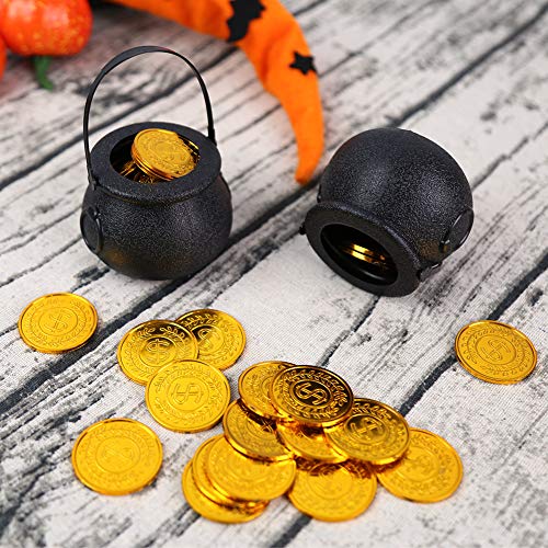FUTUREPLUSX Mini Black Candy Cauldron Kettles, 2PCS Plastic Candy Kettles Party Decoration Supplies for Halloween with 50 Plastic Gold Coins
