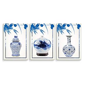 3 Panel Canvas Wall Art Blue and White Porcelain Pictures Home Wall Decorations for Bedroom Living Room Paintings Canvas Prints Framed - 16"x24" x 3 Panels