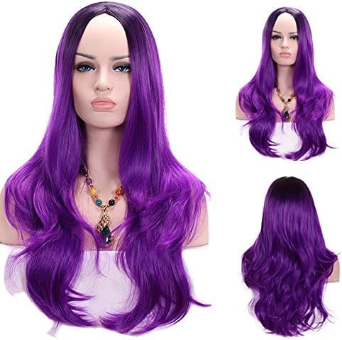 Beshiny 28” Ombre Wig Black Roots Big Long Wavy Curly Synthetic Wig Purple Hair Wigs for Women with Free Wig Cap (Purple)