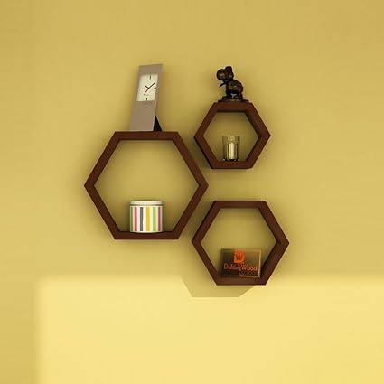 Woodkartindia Brown Wooden Hexagon Shape Wall Shelves Wall Rack Wall Shelf for Home Decor, Living Room, Wall Decor, Gifting Item