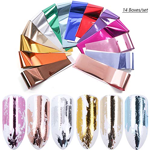 Lookathot 14 Sheets Laser Metallic Sky Stars Nail Art Stickers Symphony Colorful Foil Paper Printing Transfer Acrylic Decals DIY Decoration Tools
