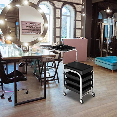 TryMe Mobile Salon Rolling Trolley Chair,Nail Pedicure Beauty Storage Stool Black